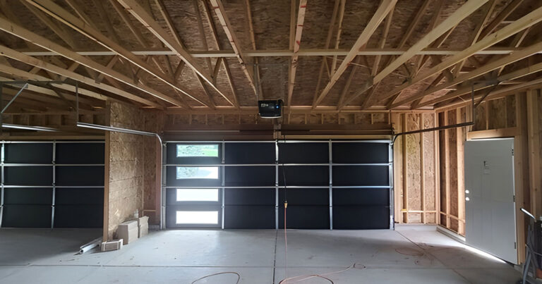 Unfinished garage interior with double doors.