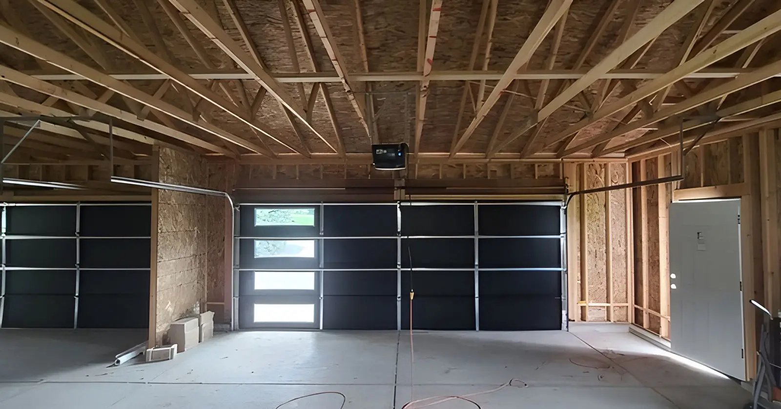 Unfinished garage interior with double doors.