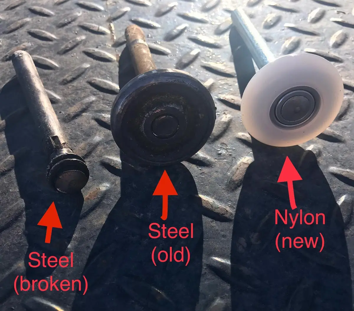 Comparison of broken, old steel and new nylon wheels.