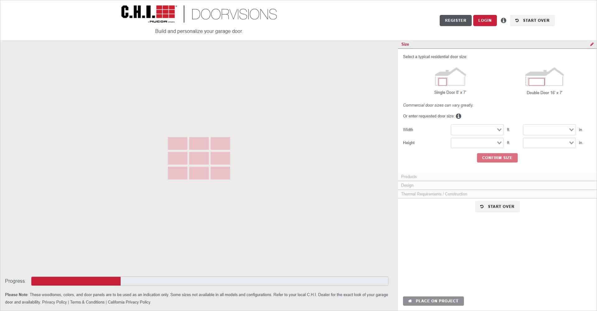 C.H.I. DoorVisions interface with the door size and product panels on the right